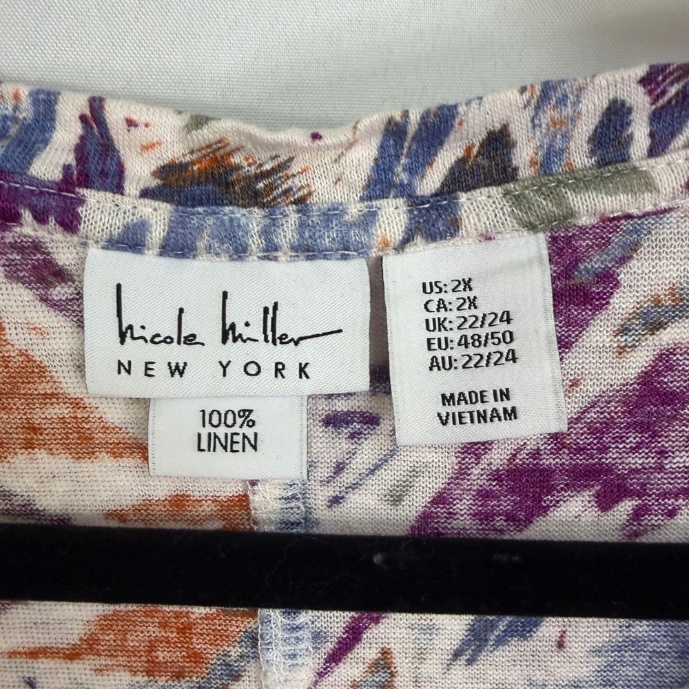Nicole Miller New York Linen Abstract Print V-Neck 3/4 Sleeve Tunic Top 2X Boho - Picture 2 of 10